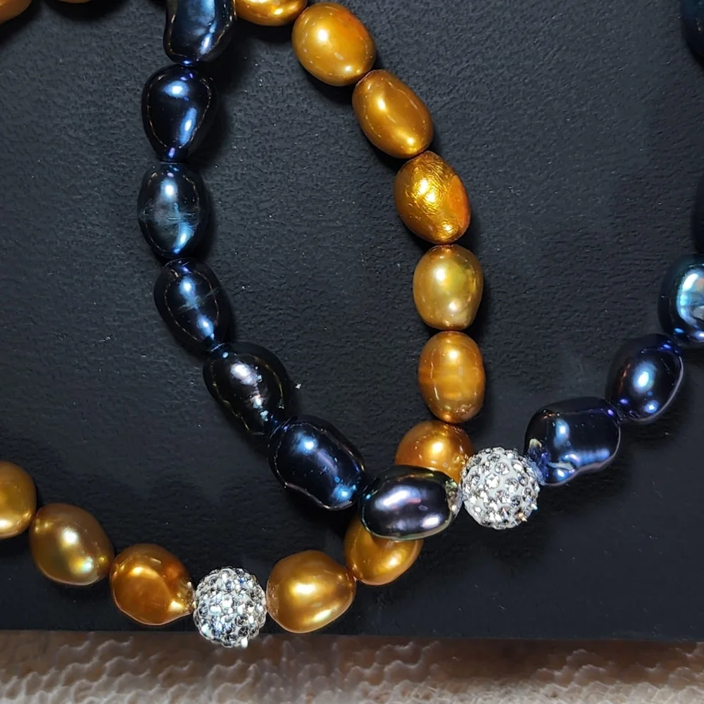 Bracelet Cultured Pearl Blue and Gold with Rhinestones Set